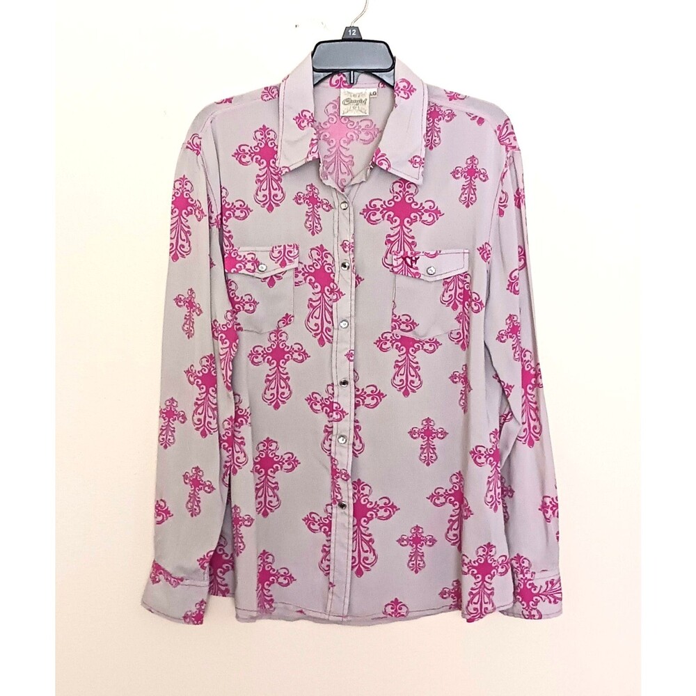 Cowgirl Hardware Crystal Snap Front L/S Shirt Gray Hot Pink Cross Print Sz L